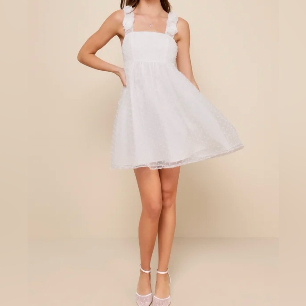 Lulus White Swiss Dot Rosette Sleeveless Mini Dress Wedding Engagement Party NWT